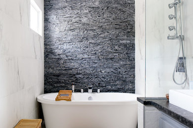 Bathroom - transitional master gray tile, white tile and marble tile marble floor and white floor bathroom idea in Other with shaker cabinets, gray cabinets, white walls and a vessel sink