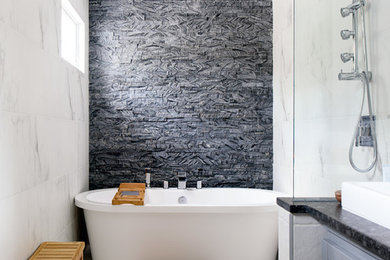 Transitional master wet room bathroom in Other with shaker cabinets, grey cabinets, a freestanding tub, gray tile, white tile, marble, white walls, marble floors, a vessel sink, white floor and an open shower.