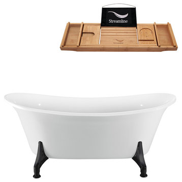 70" White Clawfoot Tub and Tray, Black Feet, Chrome Internal Drain