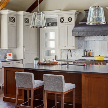 Large Cherry Island with White Perimeter Cabinets