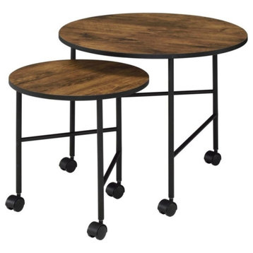 2 Piece Round Nesting End Table With Casters Oak Brown And Black - Saltoro
