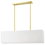Livex Lighting - Summit 4 Light Satin Brass Linear Chandelier - The Summit is a modern and functional linear chandelier which has a beautiful off-white fabric hardback shade and a white acrylic diffuser which will ensure soft illumination in any room.