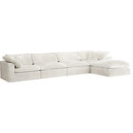Meridian Furniture - Cozy Velvet Upholstered Comfort L-Shaped Modular Sectional, Cream, 5-Piece: 2 Armless Chair, 2 Corner Chair, 1 Ottoman - Bring home this Cozy 5-piece sectional for a fresh new look. Embrace casual elegance with this Cozy velvet cloud-like comfort modular fiber-filled seating option. Handsome from all angles, this piece features soft cream velvet upholstery to make it an easy fit in any room. This modular piece can be combined with other items in the Cozy collection to create a seating group of your dreams. The cushions on this piece are exceptionally comfortableand filled with fiber for luxury that you deserve as you rest and relax.
