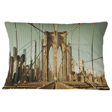 Manhattan Bridge in New York Brown Cityscape Throw Pillow, 12"x20"