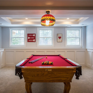 Design ideas for a large traditional walk-out basement in Boston with blue walls and a ribbon fireplace.