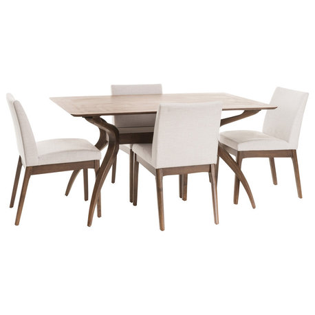 GDF Studio Katherine Mid-Century Modern 5 Piece Dining Set, Walnut/Light Beige