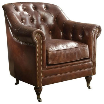Accent Chair, Dark Brown Grain Leather Seat With Nailhead and Button Tufted Back