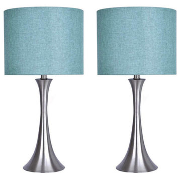 24.25" Brushed Nickel Table Lamp Set With Turquoise Shade