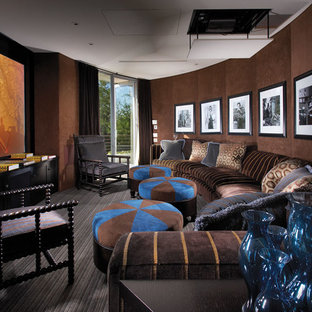 Design ideas for a contemporary home cinema in Orange County with brown walls.