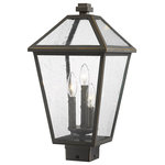 Z-Lite - Talbot 3 Light Outdoor Post Mount Fixture in Rubbed Bronze - Illuminate an exterior front or back walkway with a classic fixture reflecting a charming village theme. Made from Rubbed Bronze metal and seedy glass panels this three-light outdoor post mount fixture delivers a charming upgrade with industrial-inspired attitude that tops a squared post frame.andnbsp