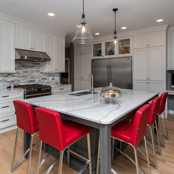 White, Grey, and Red Kitchen