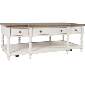 Grafton Farms 3 Drawer Coffee Table, Brushed White With Brushed Brown Top