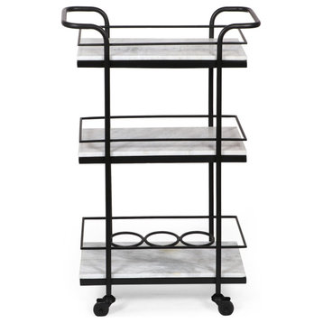 Maria Modern Glam 3 Tier Bar Cart with Marble Shelving, Black and White