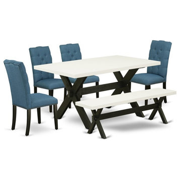 East West Furniture X-Style 6-piece Wood Dining Table Set in Black/Mineral Blue