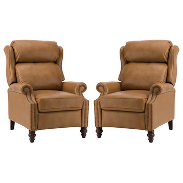 Modern Genuine Leather Manual Recliner With Solid Wood Legs Set of 2, Camel