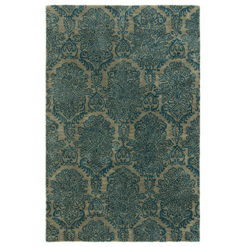SEVILLE Damask Blue Hand-Tufted Wool and Silkette Area Rug, Blue, 7'6"x9'6"