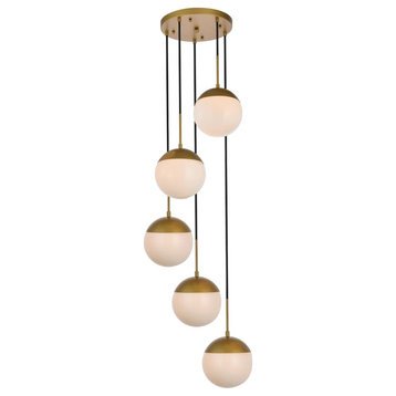 Elegant LD6078BR Eclipse 5 Lights Brass Pendant With Frosted White Glass