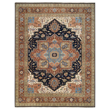 Navy and Rust Heriz Pure Wool Hand Knotted Oversized Oriental Rug, 12'0"x15'4"