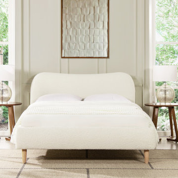 Roman Curved Upholstered Platform Bed, Ivory White, Queen
