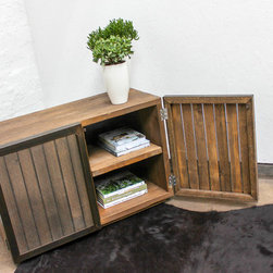 Louisa Reused Scaffolding Media Unit with Slatted Wood & Perforated Steel Doors - Storage Cabinets