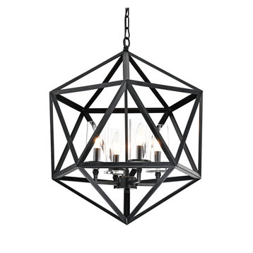 4-Light Geometric Iron Antique Black Glass Shade Cage Chandelier Farmhouse