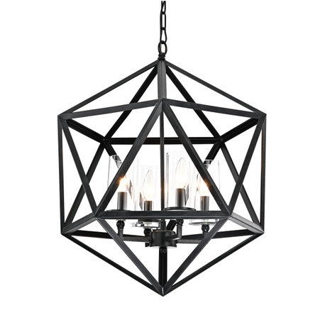 4-Light Geometric Iron Antique Black Glass Shade Cage Chandelier Farmhouse