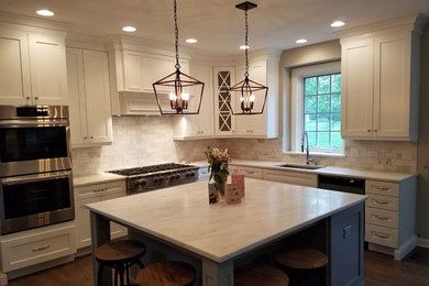 Inspiration for a country l-shaped kitchen in Chicago with white cabinets, stainless steel appliances and with island.