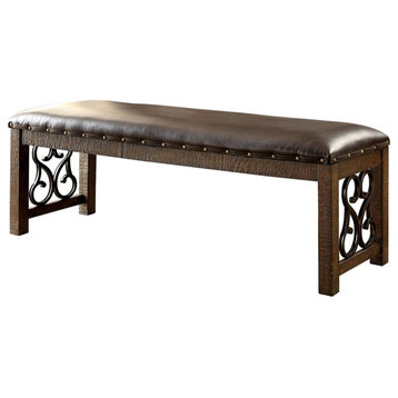 Furniture of America Arlyne Faux Leather Padded Dining Bench in Rustic Walnut