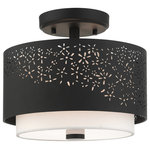 Livex Lighting - Black Stylish, Transitional, Intricate, Urban Semi Flush - The Noria collection combines an intricate organic laser cut black finish steel frame surrounds an off-white fabric shade creating a casual warm light with a touch of nature vibe. This dainty two-light semi flush mount will have a definitive presence in many areas of your home. You can place it in the kitchen, hallway or in a small bedroom.