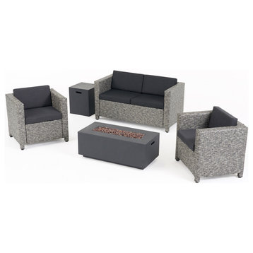Sigrid Outdoor 4 Seater Wicker Set With Fire Pit, Mix Black/Dark Gray
