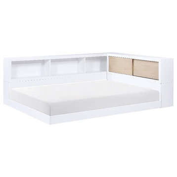 Pemberly Row Wood Full Bookcase Corner Bed in 2-Tone Finish (White and Natural)