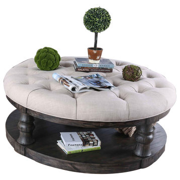 Wooden Coffee Table With Padded Top And Bottom Shelf, Brown And Beige