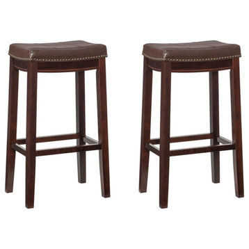 Linon Claridge Wood Set of 2 Bar Stools Brown Faux Leather Seats in Brown Finish