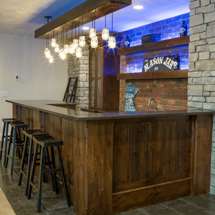 Photo of a large shabby-chic style look-out basement in Minneapolis with multi-coloured walls.