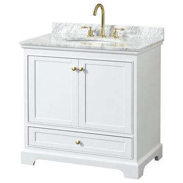 36" Single Bath Vanity, White, White Carrara Countertop, Sink, Gold Trim