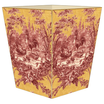 Red and Gold Rooster Toile Wastepaper Basket, Flat Top