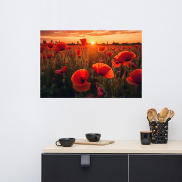 Field of Dreams Poppy Field Sunset Photorealism Digital Art Loose Print