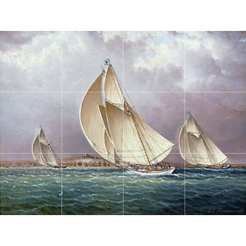 Tile Mural, Seascape American Yachting in Boston Harbor Yacht Ceramic Glossy