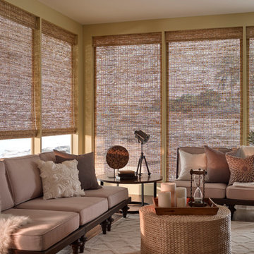 Luxe Beach Home Living Room | Woven Wood Shades