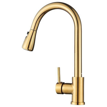 Kitchen Faucet Single Hole Pull Out Spout Kitchen Sink Mixer Tap Stream Sprayer, Brushed Gold A