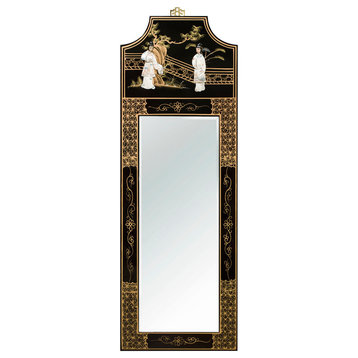 Black Lacquer Mother of Pearl Panel Oriental Mirror