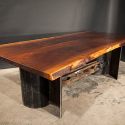 CUSTOM - BLACK WALNUT DINING WITH SALVAGED STEEL BASE - Dining Tables