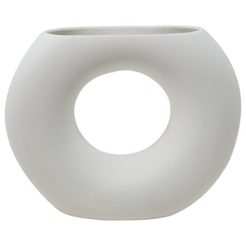 Contemporary Matte White Open Circle Round Vase Modern Hole Mid Century, Small