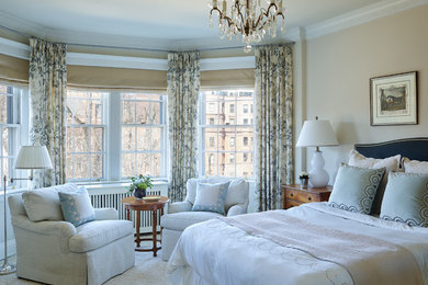Example of a mid-sized classic master carpeted and beige floor bedroom design in Boston with beige walls and no fireplace