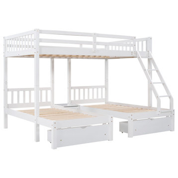 Gewnee Full Over Twin & Twin Bunk Bed, Wood Triple Bunk Bed，Drawers in Gray