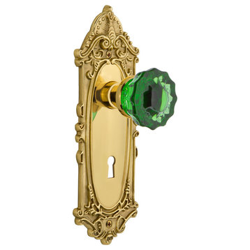 Victorian Plate Double Dummy Crystal Emerald Glass Knob, Polished Brass