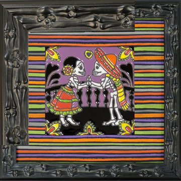 Day of the Dead tile with matching festive fabric mat and skull frame.