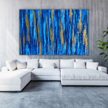 60x48 Inches Blue Gold Abstract Contemporary Painting Large Canvas Wall Art