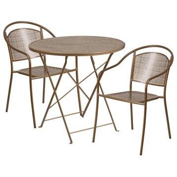 30'' Round Indoor-Outdoor Steel Patio Table and 2 Round Back Chairs, Gold