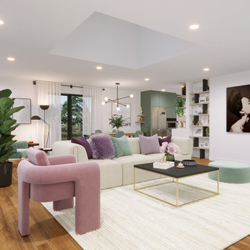 Modern Living Room And Kitchen With Purple and Mint Accents